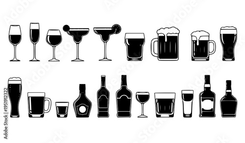 Bar drink silhouette icon set with cocktail glasses wine beer and liquor bottles vector