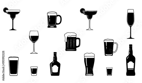 Black bar drink silhouettes collection with cocktail glasses beer mugs and liquor bottles
