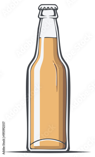 Glass bottle of light brown beverage with metal cap isolated on white background