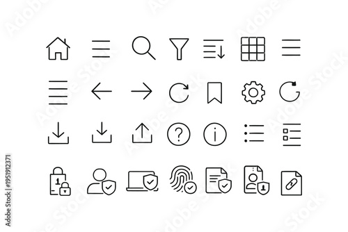 Diverse collection of minimalist icons representing common functions and concepts