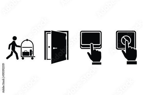 Icon set representing hotel services luggage assistance, open door, touchscreen, and call button