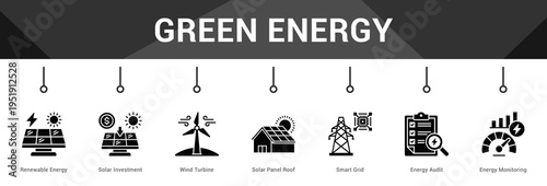 Green Energy  Modern and clean web banner illustration vector featuring thematic icons