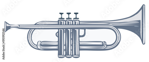 Illustration of a Metal Trumpet Musical Instrument with Keys and Bell