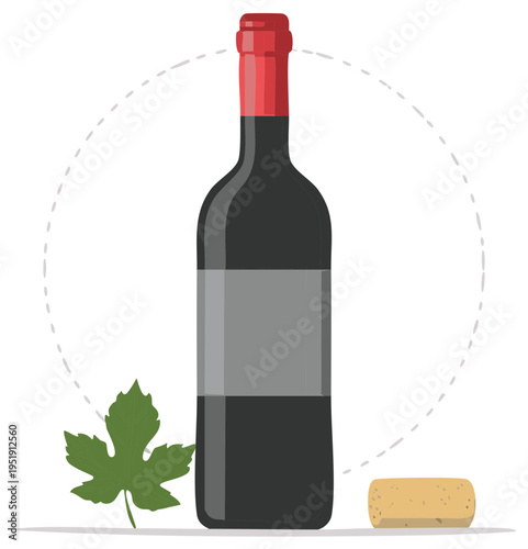 Illustrated Wine Bottle with Grape Leaf and Cork