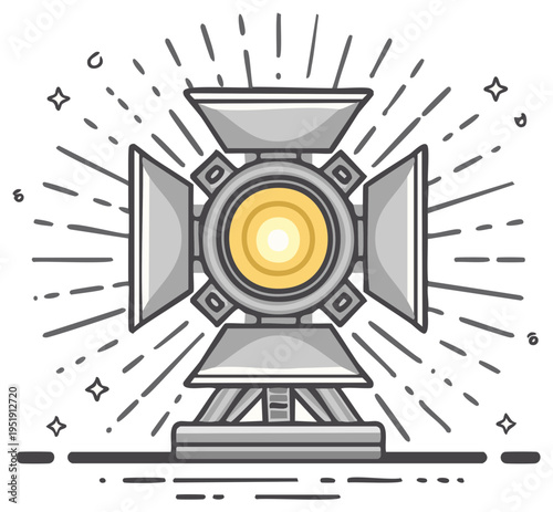 Lighting fixture graphic illustration. Studio spotlight with light rays. Icon, design element, studio equipment, and stage lamp design.