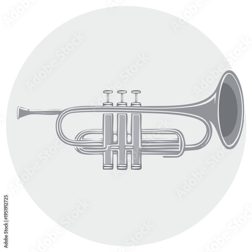 Stylized Illustration of a Trumpet in a Grey Color Palette within a Circle