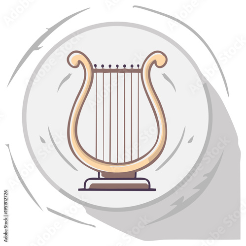 Cartoon illustration of a gold harp musical instrument inside a circular design