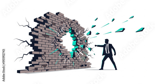Photos Businessman Breaking Through Brick Wall.
