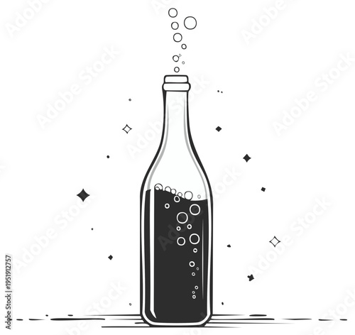Sparkling dark beverage in a glass bottle with fizzing bubbles
