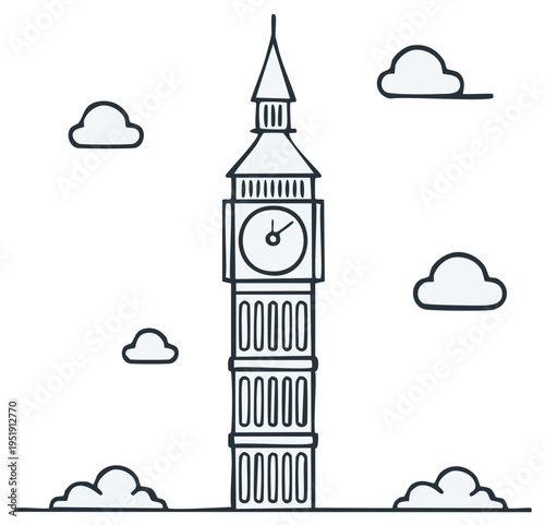 Big Ben in London landmark architecture and clouds. Simple vector illustration of clock tower in England.