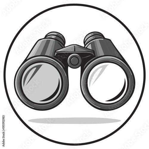 Illustration of binoculars with round border, optical instrument for observing distant objects, looking and observing tool, grey with black outline