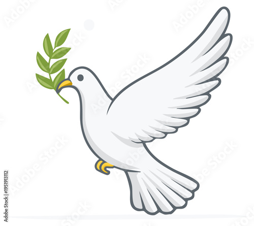 White Dove Carrying Green Olive Branch Symbolizing Peace and Hope, Flight Illustration