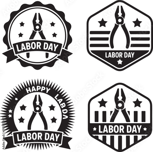 Four black and white emblems celebrate Labor Day featuring pliers and star icons on a white background