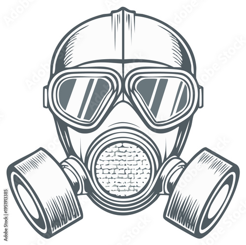 Illustration of a vintage gas mask with goggles, air filters, a symbol of survival and protection, vector isolated drawing.