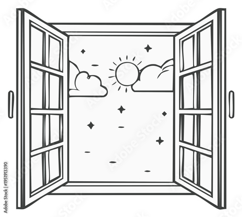 Open window illustration with sun, clouds, and stars, black and white