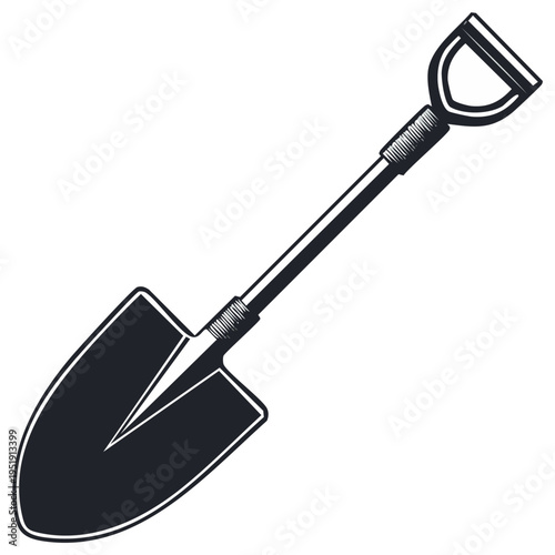 Black Silhouette of a Garden Shovel with a Rounded Blade and D-Handle on a White Background
