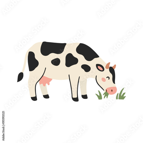 Minimalist spotted cow grazing on grass farm animal illustration in scandinavian style