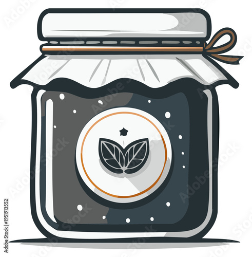 Jar of Dark Berry Jam with Leafy Label and Tied Ribbon on Top