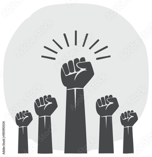 Diverse group of fists raised in unity and solidarity showing strength and power for protest and change