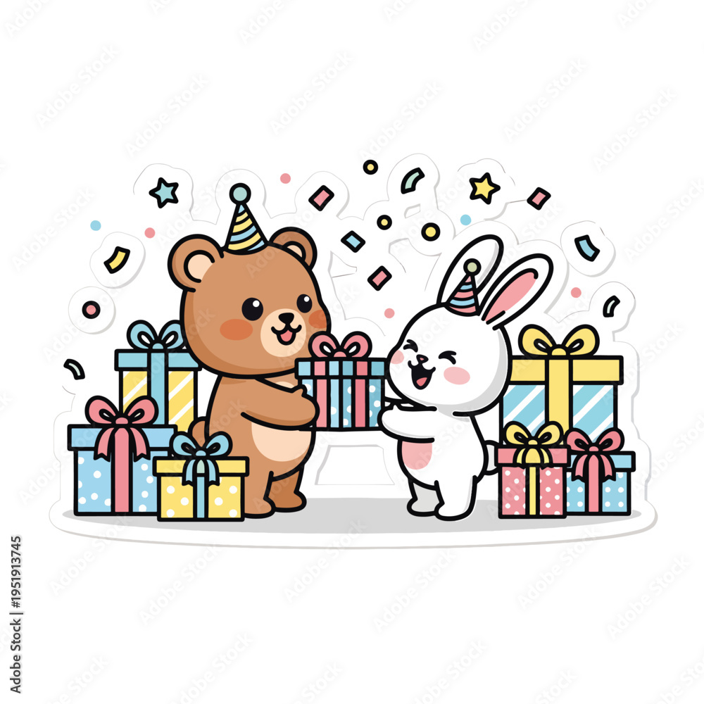 Fototapeta premium Cute bear and rabbit celebrate with wrapped gifts and party hats creating a joyful scene filled with confetti expressing happiness and friendship during a special occasion together fun surprise