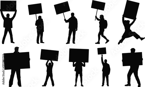 Protest silhouette figures, activism icons, demonstration posture illustration, freedom of expression design, placard holding graphic, public rally silhouettes, social movement set