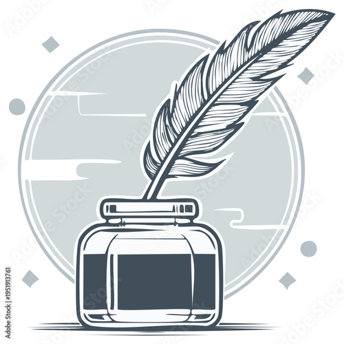 Classic Quill Pen and Inkwell Ready for Writing or Drawing