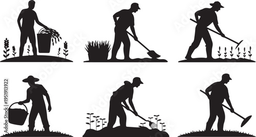 Silhouettes of people engaged in farming and gardening activities with various agricultural tools