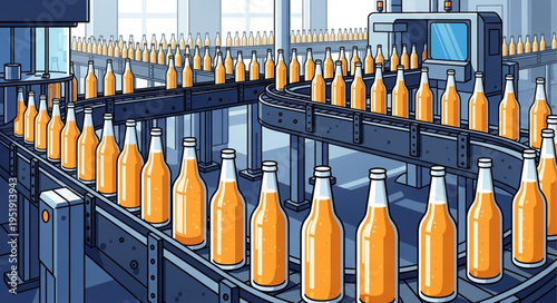 Bottles on Conveyor Belt in Factory.