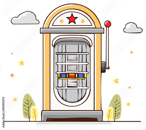 Vintage Jukebox Machine Illustration Retro Music Player with Red Star Clouds and Plants Cartoon Style