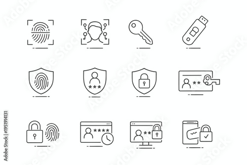 Various methods and icons representing digital and physical authentication and security