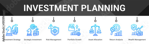 Investment Planning  Modern and clean web banner illustration vector featuring thematic icons