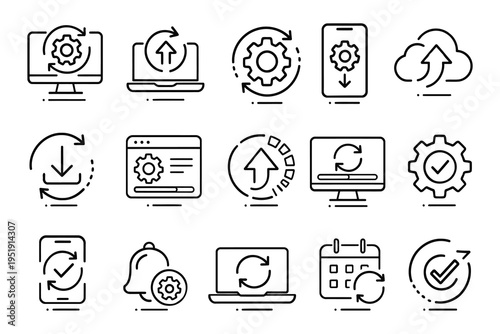Collection of icons representing software update and maintenance processes