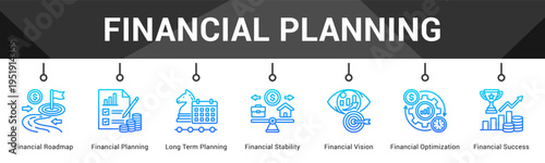 Financial Planning  Modern and clean web banner illustration vector featuring thematic icons