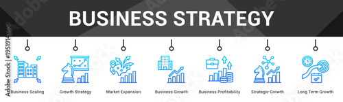 Business Strategy  Modern and clean web banner illustration vector featuring thematic icons