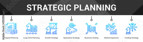 Strategic Planning  Modern and clean web banner illustration vector featuring thematic icons