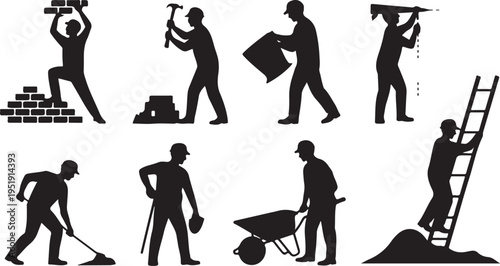 Eight silhouettes depict construction workers performing various manual labor tasks on a job site