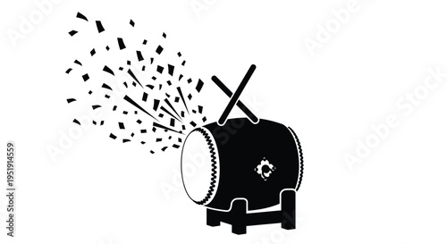 Black and white illustration of a taiko drum with scattered confetti or sparks