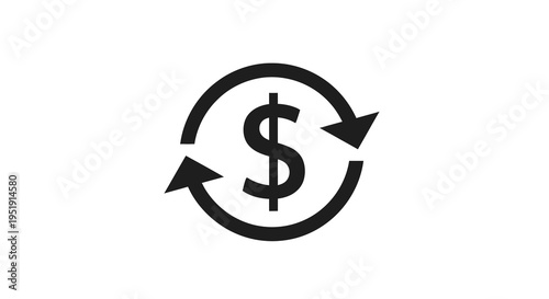 A minimalist black icon depicts a dollar sign within a circular looping arrow symbolizing financial circulation high quality professional