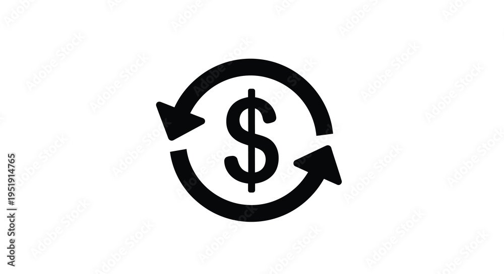 Fototapeta premium A simple black and white circular icon depicts a dollar sign within a recycling symbol representing financial return