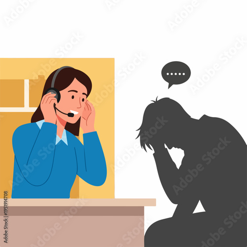 Support Counselor Listening to a Distressed Caller in a Bright Office Environment for Awareness Campaigns, Mental Health Blogs, and Educational Materials on Emotional Abuse