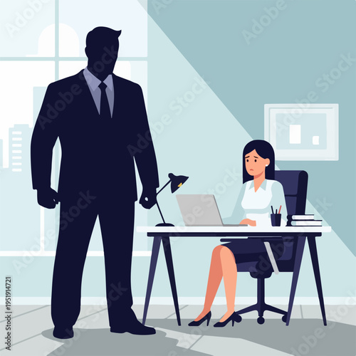 Businesswoman Working at Desk with Menacing Presence in Office for Articles on Workplace Abuse, Power Dynamics, Corporate Culture, and Awareness Campaigns