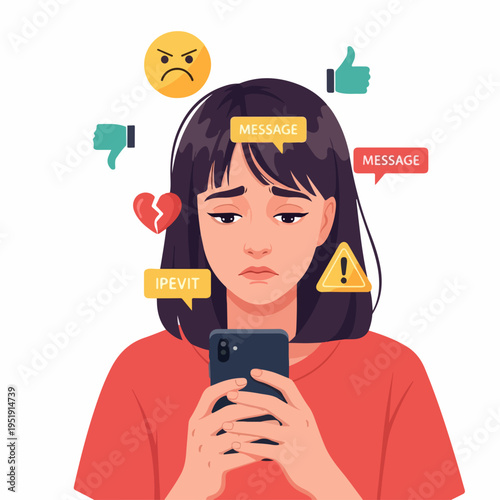 Young Woman Experiencing Emotional Distress While Reading Messages on Phone Amidst Mixed Reactions for Awareness Campaigns, Mental Health Blogs, and Social Media Content