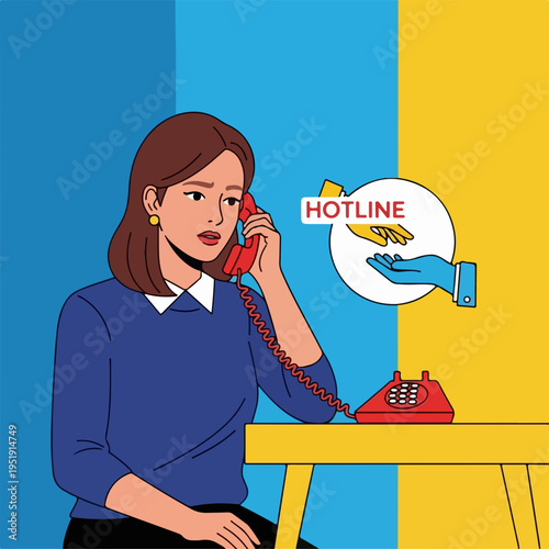Woman Talking on a Hotline Phone with a Hand Symbolizing Support in a Colorful Setting for Awareness Campaigns, Blogs, Mental Health Education, and Social Media Content