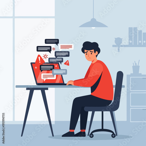 Individual Experiencing Digital Communication Stress While Working at Home for Blogs, Websites, Mental Health Awareness, Online Safety Campaigns, and Educational Materials on Abuse