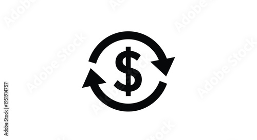 A simple black icon depicts a circular arrow encompassing a dollar sign symbolizing financial transactions or money flow
