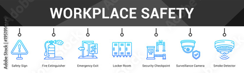 Workplace Safety  Modern and clean web banner illustration vector featuring thematic icons