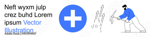 Progress, overcoming challenges, success, growth, innovation, healthcare. A man using a pickaxe facing rising arrows and a cross symbol. Progress and overcoming challenges concept