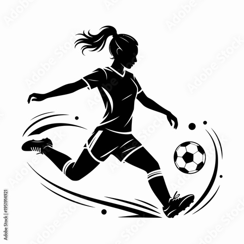 A black silhouette of a female soccer player kicking a ball.