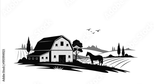 A striking black and white illustration depicts a rural landscape featuring a classic barn rolling hills and a horse