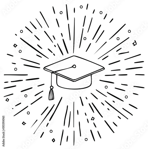 Hand drawn graduation cap with radiating lines and confetti celebrating academic achievement